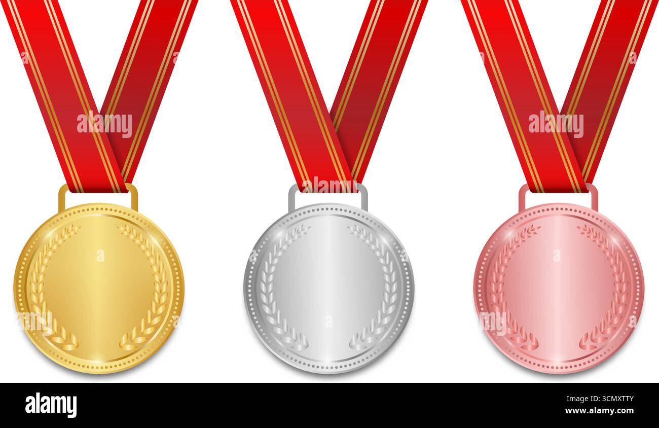 Medal. Gold, Silver and Bronze Medals with Red Ribbon. Sport Winner ...