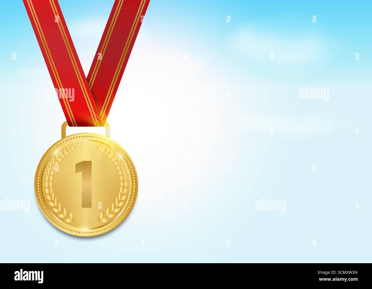 Gold Medals with Red Ribbon in Blue Sky Background. Sport Winner Medal ...