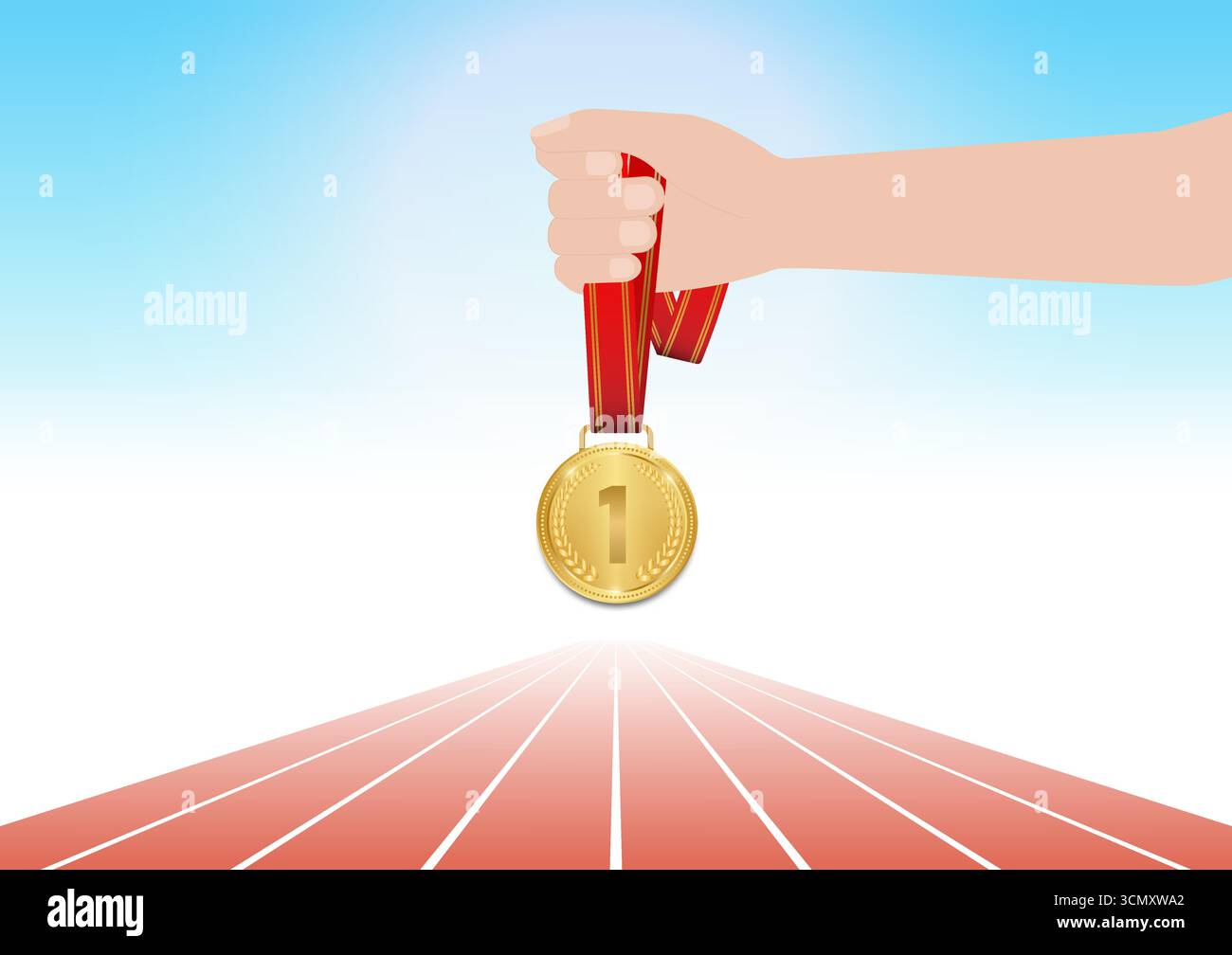 Hand Holding Gold Medal in Running Track Arena. Champion and Winning ...