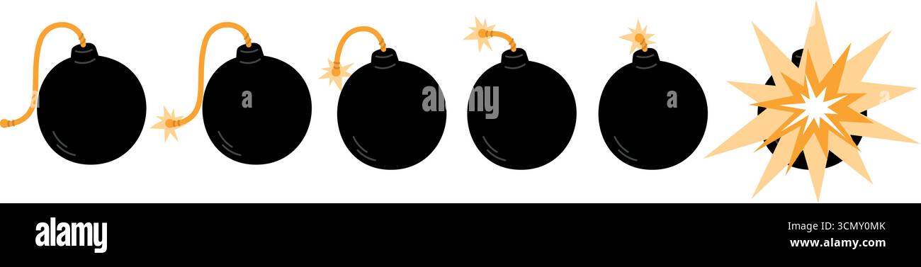 Black bomb icons with burning wick and explosion. War attack. Exploding process steps. TNT detonator. Grenade gunpowder explosive detonation. Timer fu Stock Vector