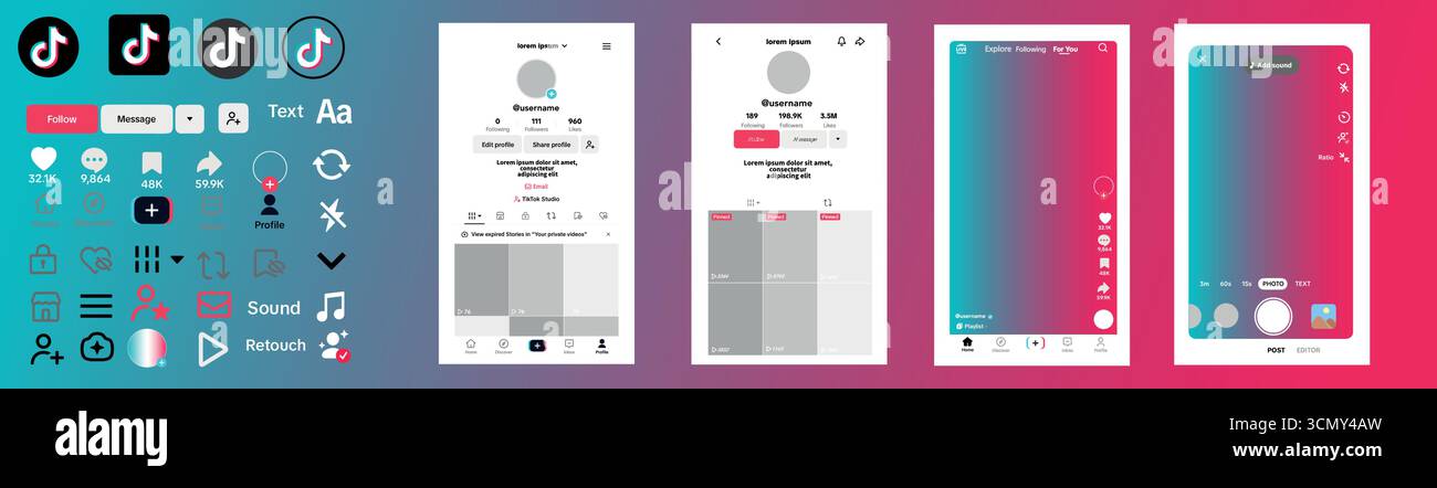 TikTok Mobile App UI Mockup Social Media Interface Screens and Icons ...