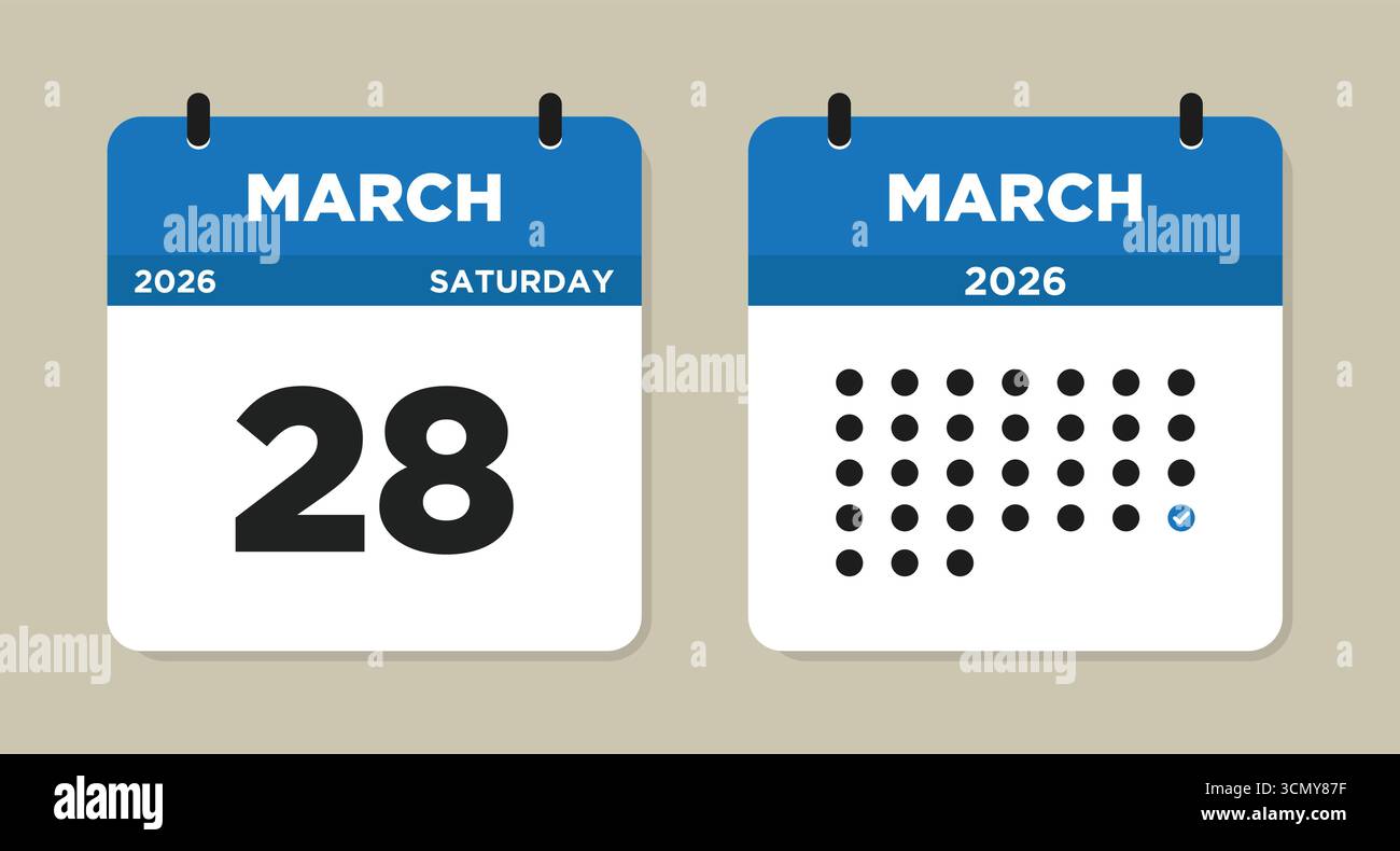 March 28 2026 Saturday Calendar Vector Illustration. 28 March calendar ...