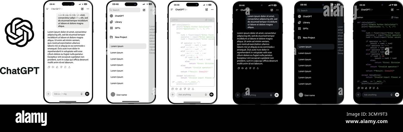 ChatGPT UI Mockups Mobile and Desktop App Screens in Light and Dark Mode Stock Vector