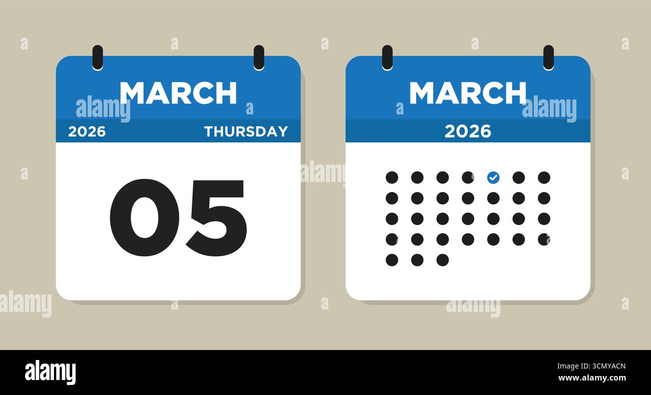 March 5 2026 Thursday Calendar Vector Illustration. 5 March calendar ...