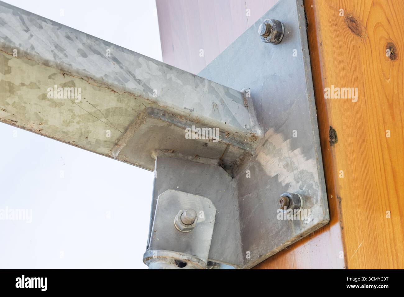 Heavy Duty Galvanized Steel Bracket Bolted to Timber Post Stock Photo ...