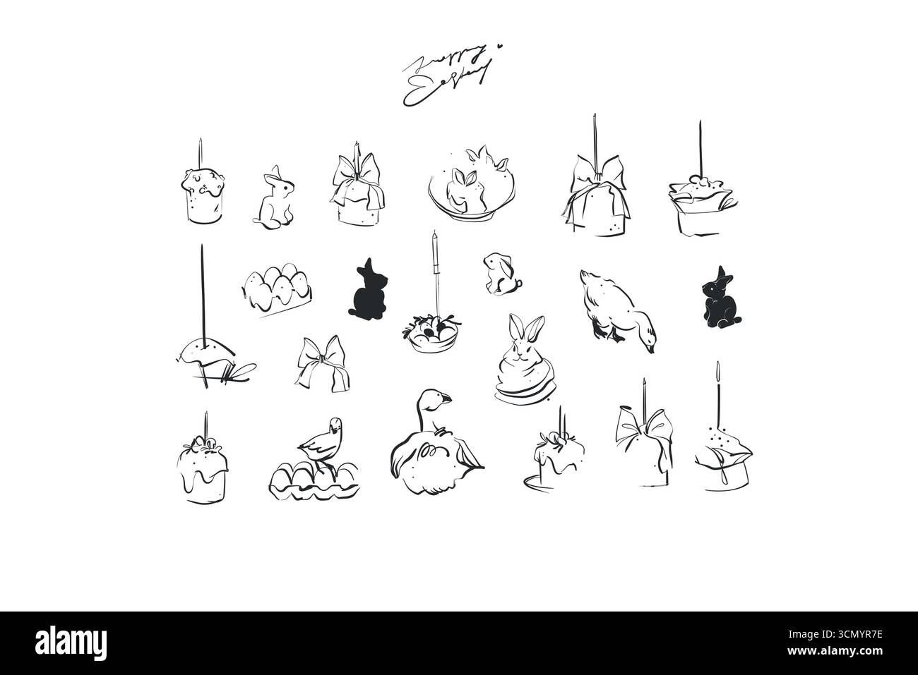 Hand drawn abstract vector graphic illustration collection with cute, stylized Happy Easter line design set .Trendy modern farm design concept.Vector Stock Vector