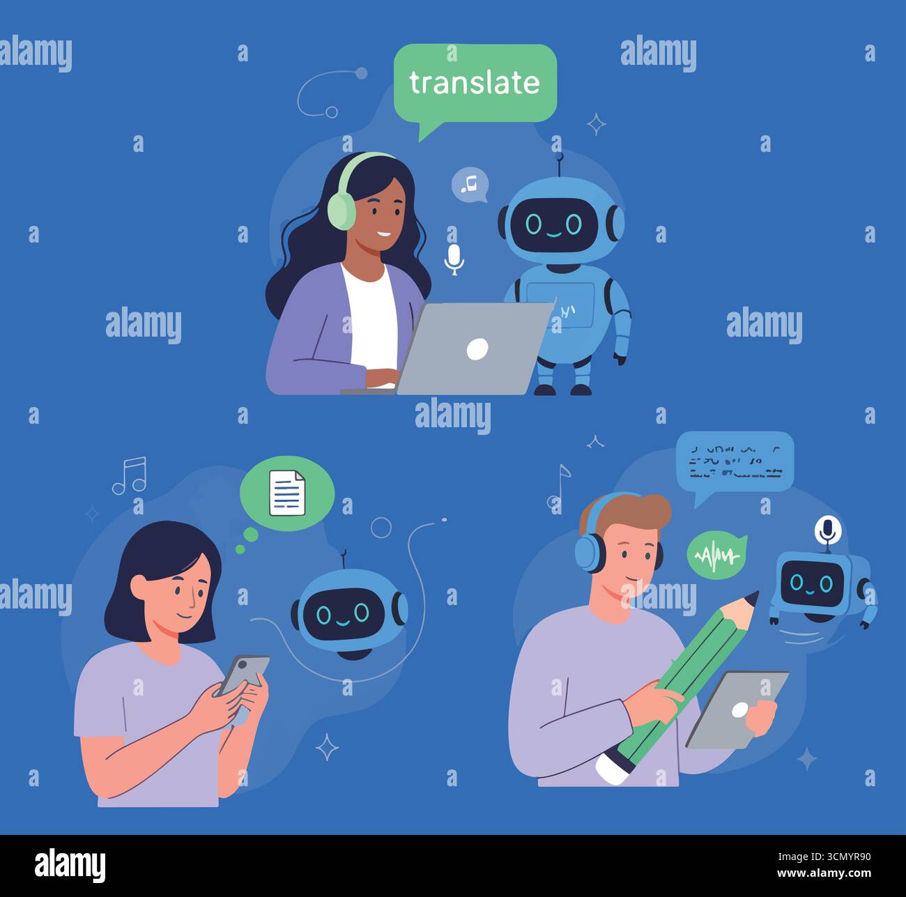 Ai audio set. Characters and artificial intelligence robot generate music from text, convert speech to transcription, translate foreign language words Stock Vector