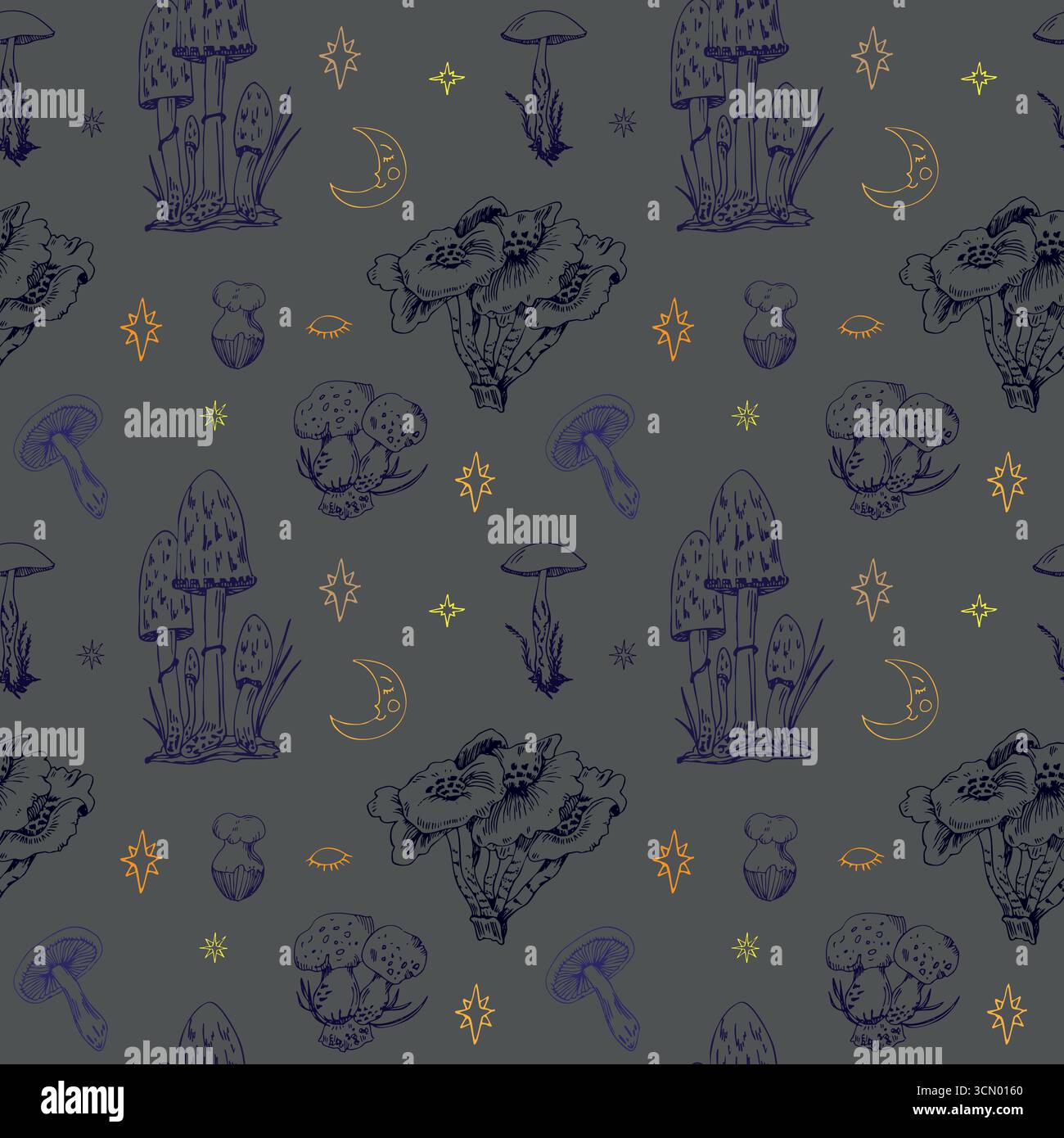 Vector seamless pattern with celestial, magical mushrooms, starts and moon, mystical vibes, dark background. Hand drawn, doodle Stock Vector