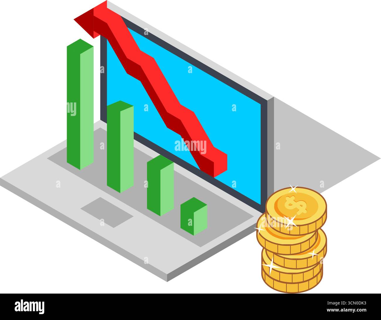 Financial Downturn Laptop with Chart and Coins Vector Illustration Flat ...
