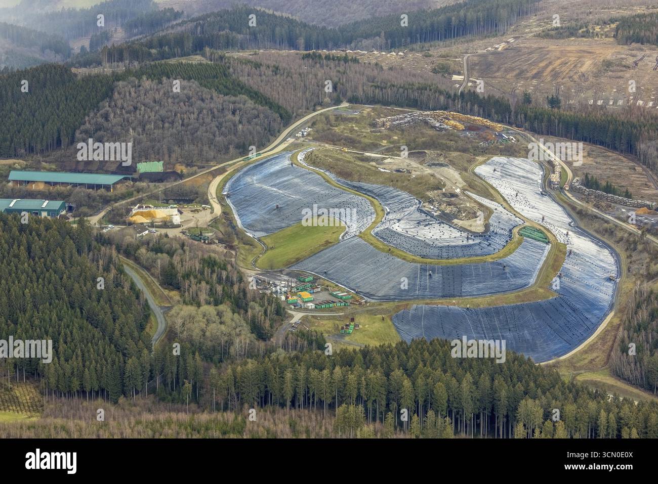 Aerial view, Olper Entsorgungszentrum GmbH, Oberveischede Unterneger, Olpe, Sauerland, Kreis Olpe, North Rhine-Westphalia, Germany, Alte Scheune, DE, Stock Photo