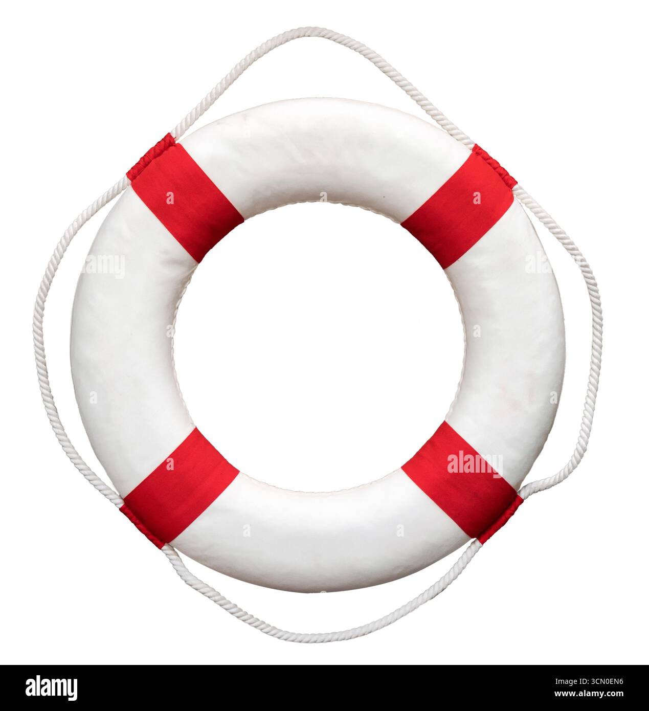 Classic red and white lifebuoy with rope on white background, representing safety and rescue at sea Stock Photo