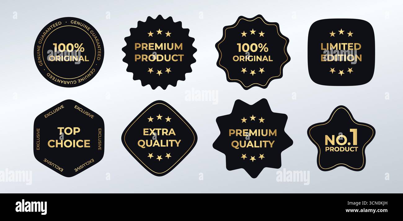 Premium Quality Original Badges And Labels Set In Black And Gold For Guarantee, Limited Edition, And Top Choice Tags. Clean Luxury Emblem Pack. Vector Stock Vector