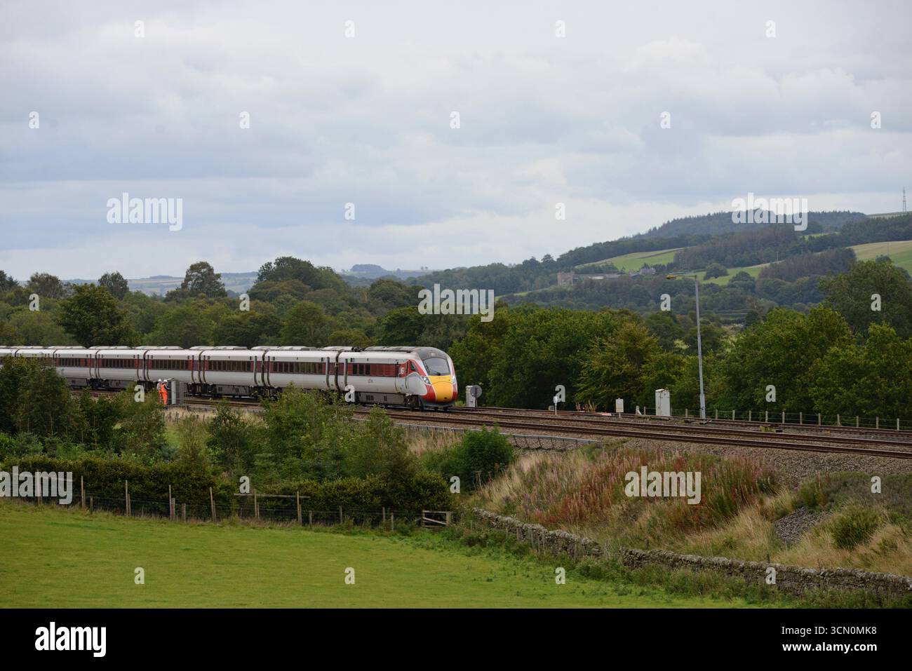 LNER Azuma train service diverted to the Tyne Valley Line from the  East Coast Main Line due to engineering work. 15th Sept 2025 Stock Photo