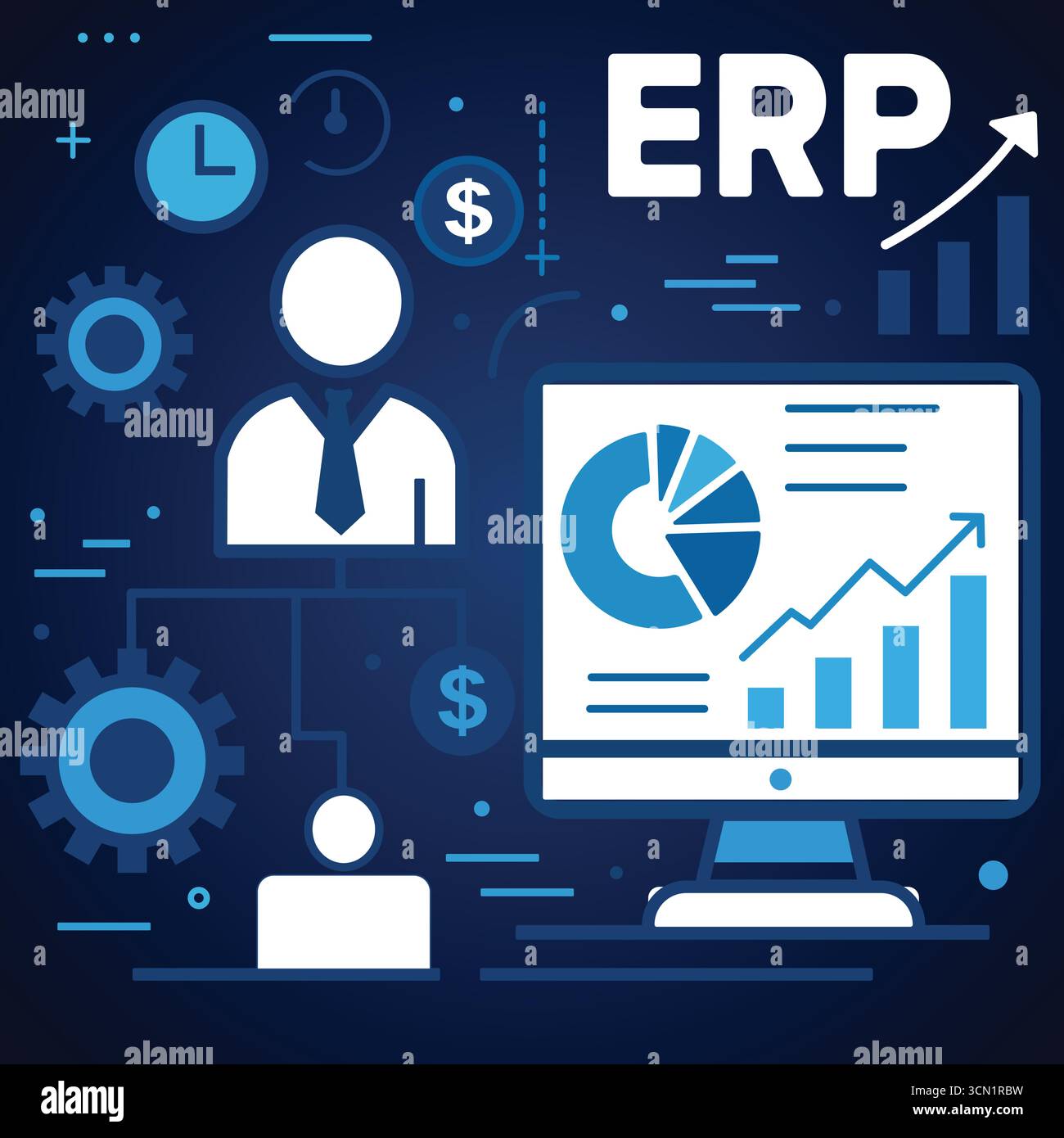ERP - Enterprise Resource Planning, Business Management System with Analytics Dashboard and Data Visualization Stock Vector