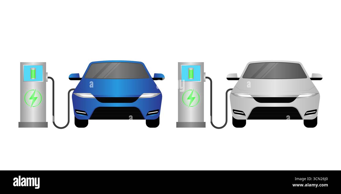 Electric car or EV car charging at  Charging Station. Green Energy or Eco-friendly Concept. Vector Illustration. Stock Vector