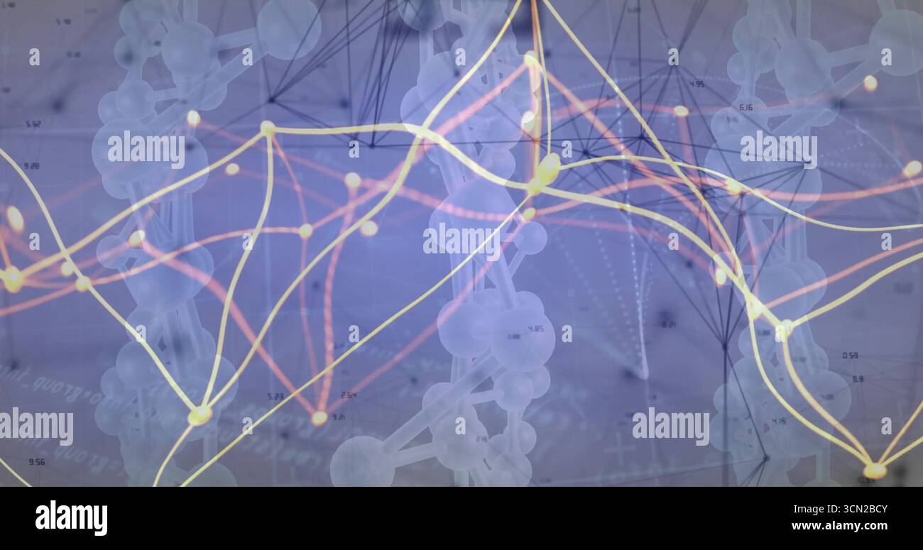 Displaying molecular models and colored network lines on grid in digital panel with axis labels. Abstract, scientific, visualization, data, digital, t Stock Photo