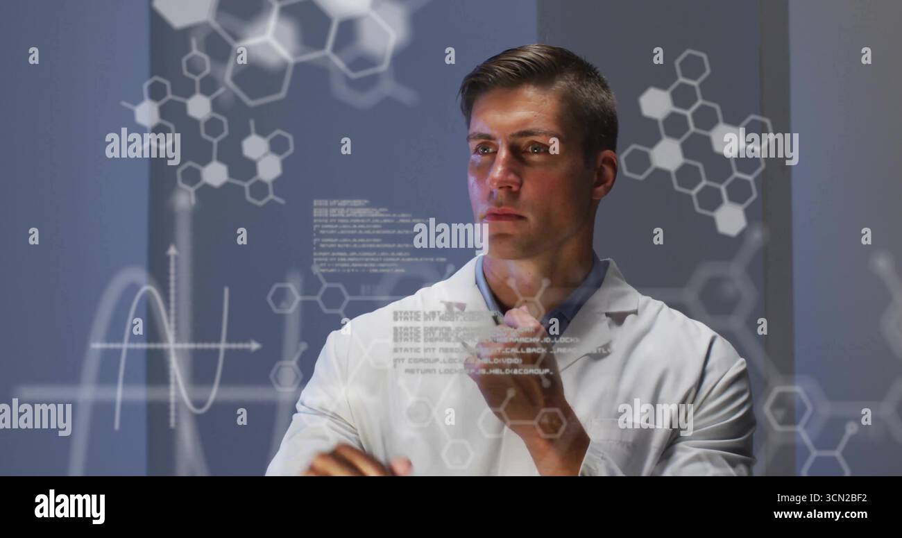 Exploring scientist wearing lab coat manipulating holographic models in laboratory with line graph. Technology, innovation, visualization, data analys Stock Photo