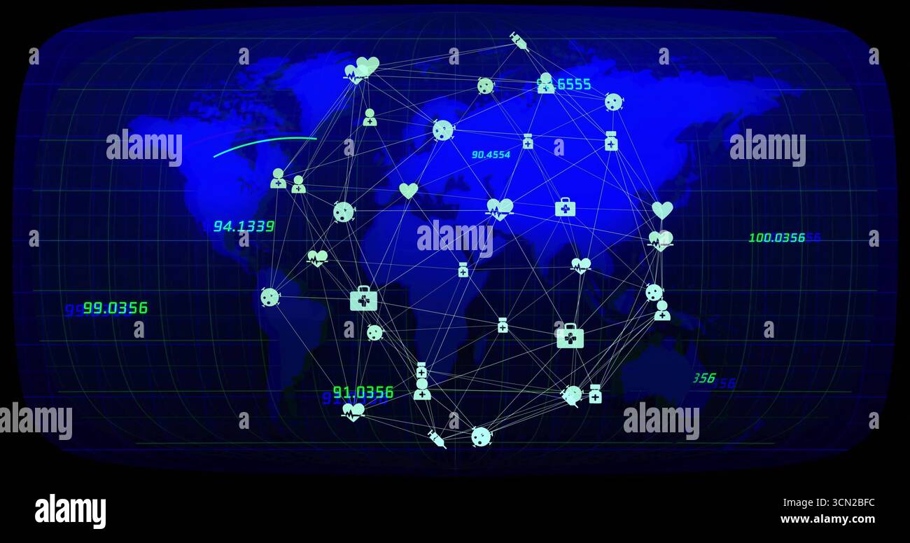 Displaying globe floating over blue world map with grid overlay showing ...