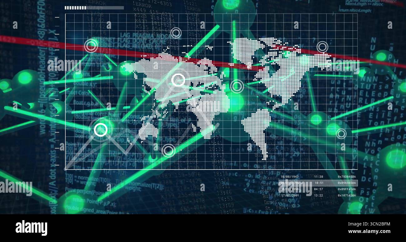 Displaying tracing links between glowing green nodes, target circles on world map over code panels. Technology, data visualization, futuristic, digita Stock Photo