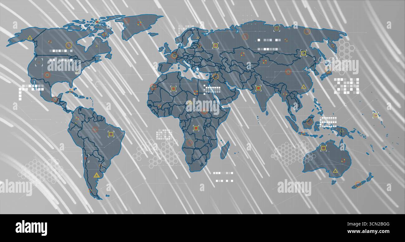 Displaying stylized world map graphic on digital interface, with geometric icons and streaks. Technology, connectivity, data visualization, digital in Stock Photo