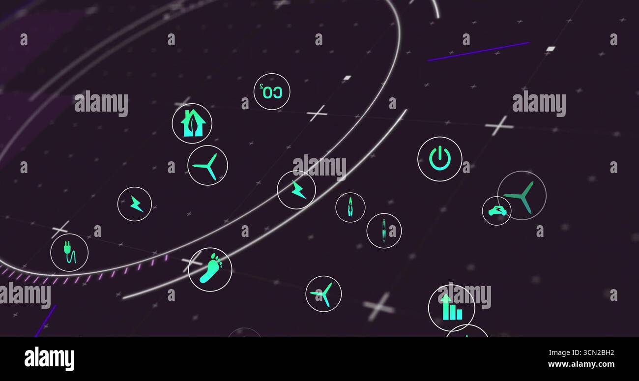 Floating cluster of green circular energy icons in virtual network ...