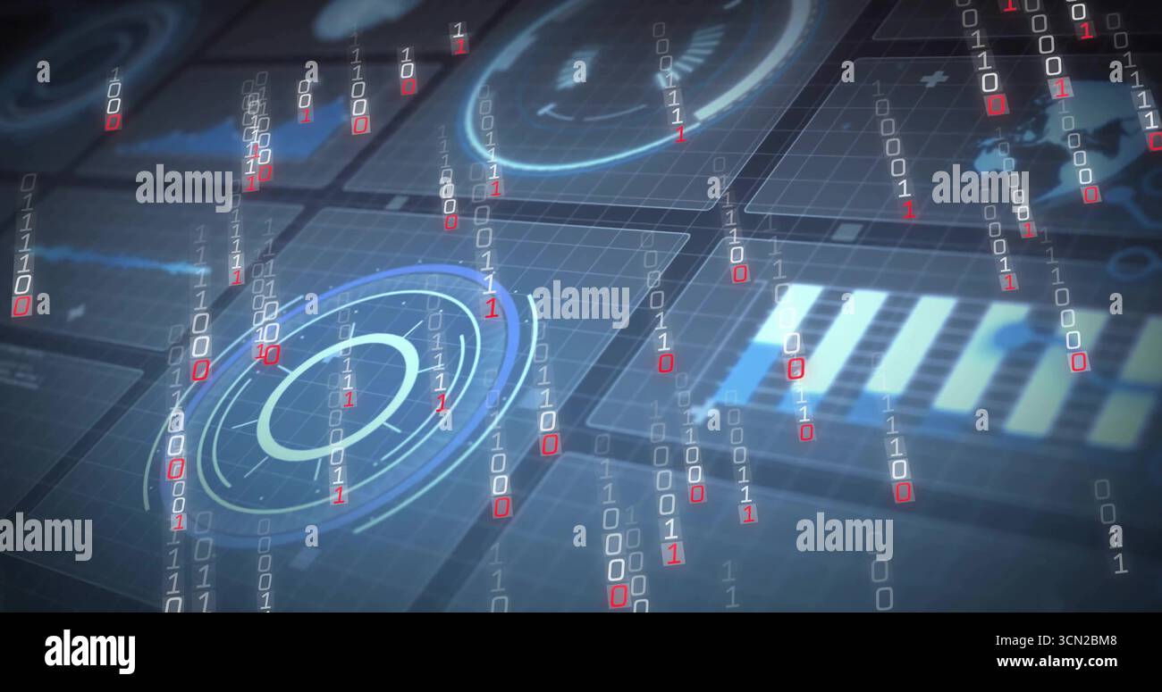 Displaying glowing circular gauge in grid panels, with cascading binary digits and bar chart panels. Futuristic, digital, interface, data visualizatio Stock Photo