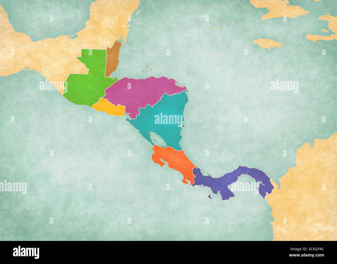 Map with countries of Central America in soft grunge and vintage style ...