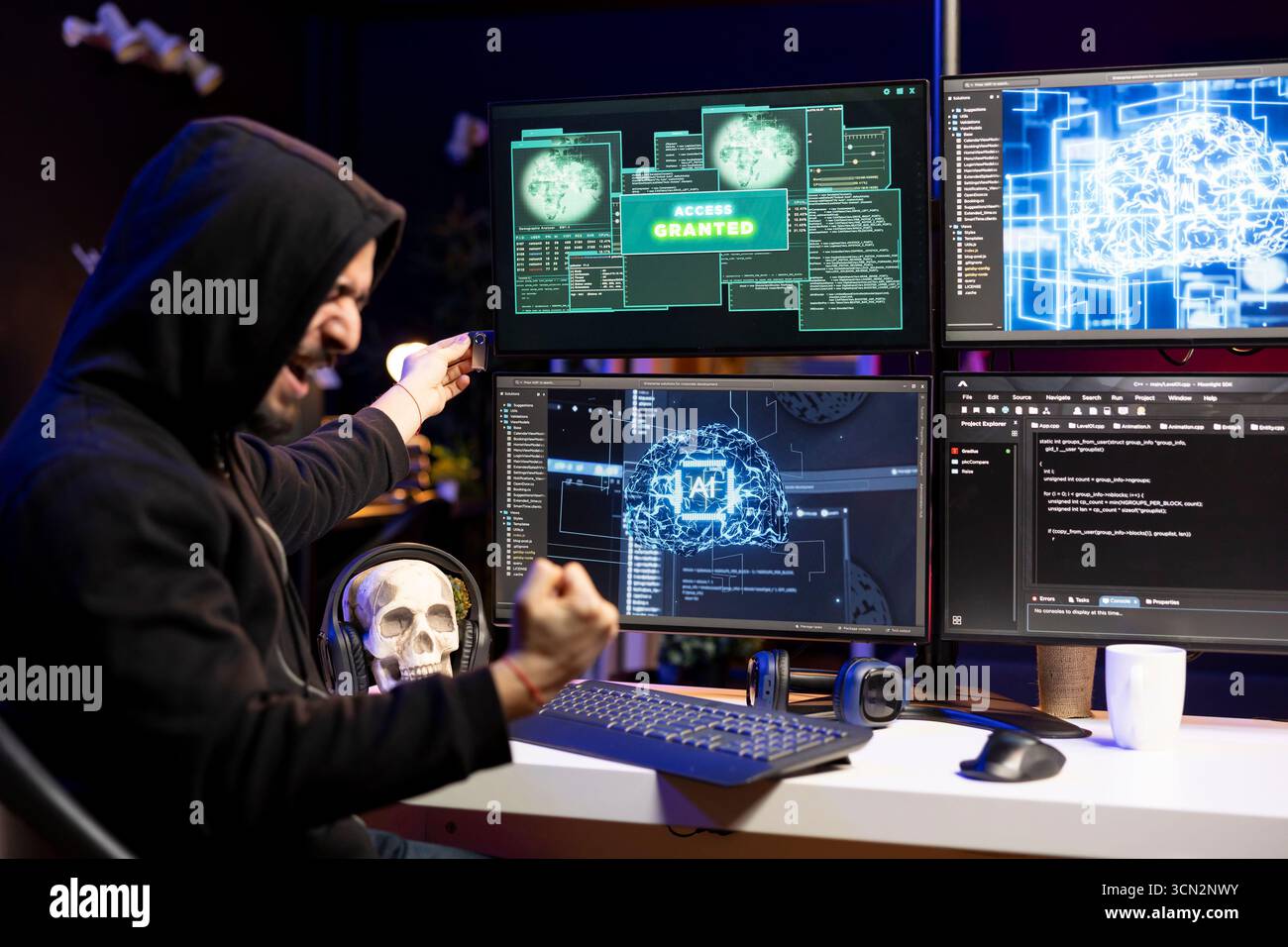 Ecstatic hacker doing covert operations celebrating after bypassing ...