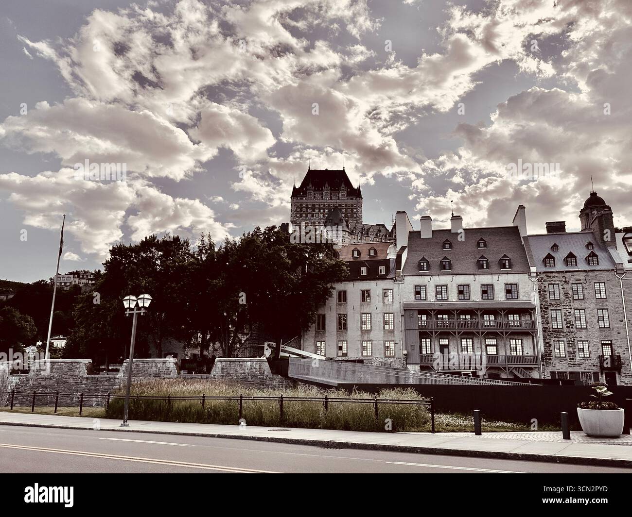 Old Quebec and Château Frontenac under a Dramatic Sky, Canada Stock Photo