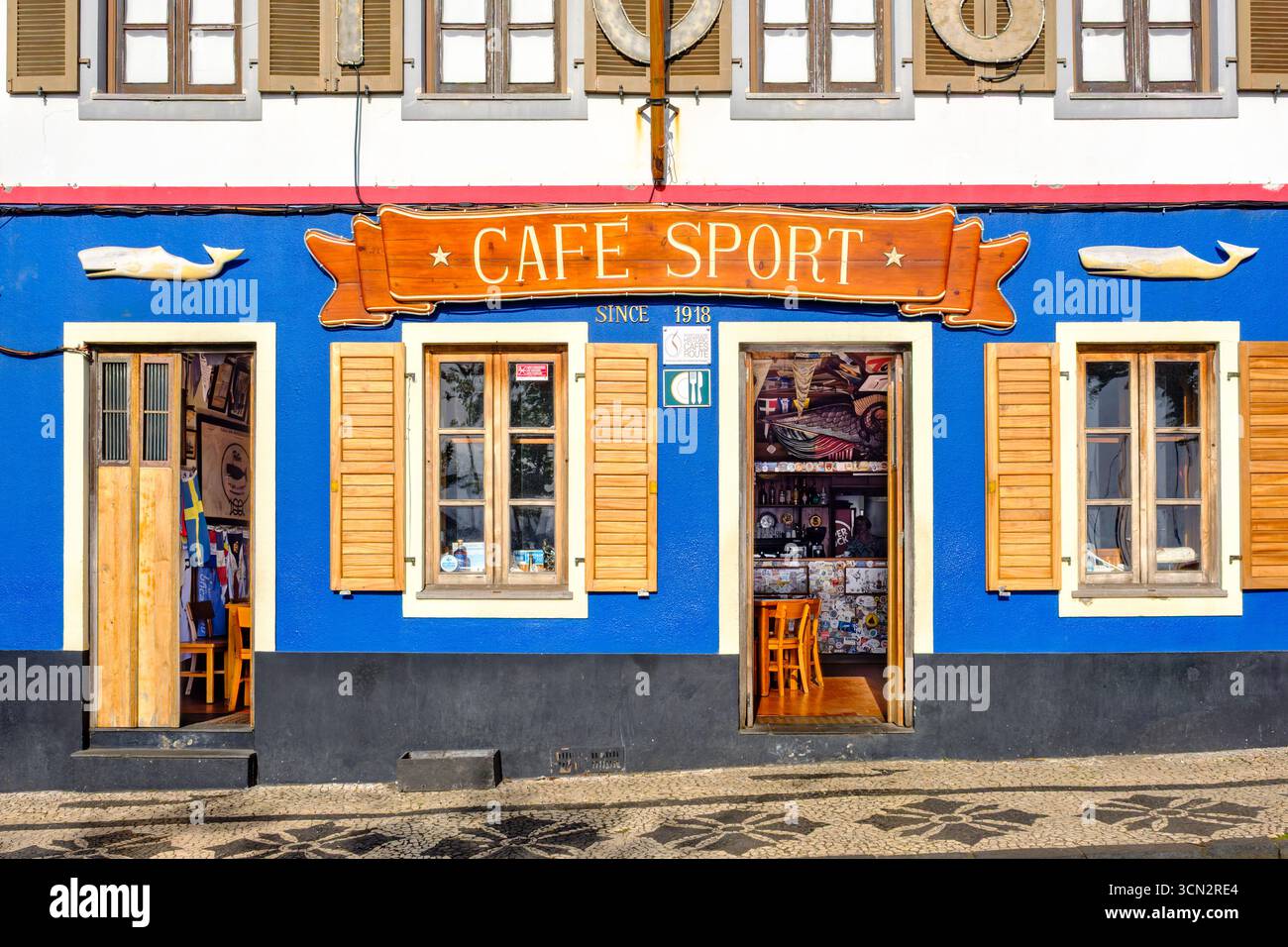 Outside view of famous historic Peter Cafe Sport facade in Horta, Faial Island, Azores, Portugal Stock Photo