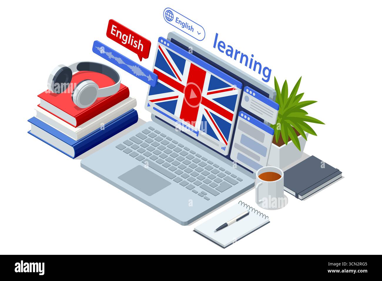 English, UK Isometric person learning a foreign language with a virtual ...