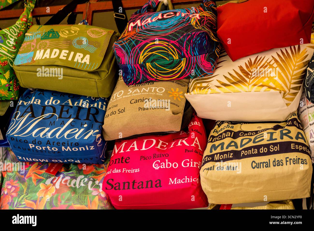Souvenir bags at Mercado dos Lavradores or farmers' market, Funchal, Madeira, Portugal. Stock Photo