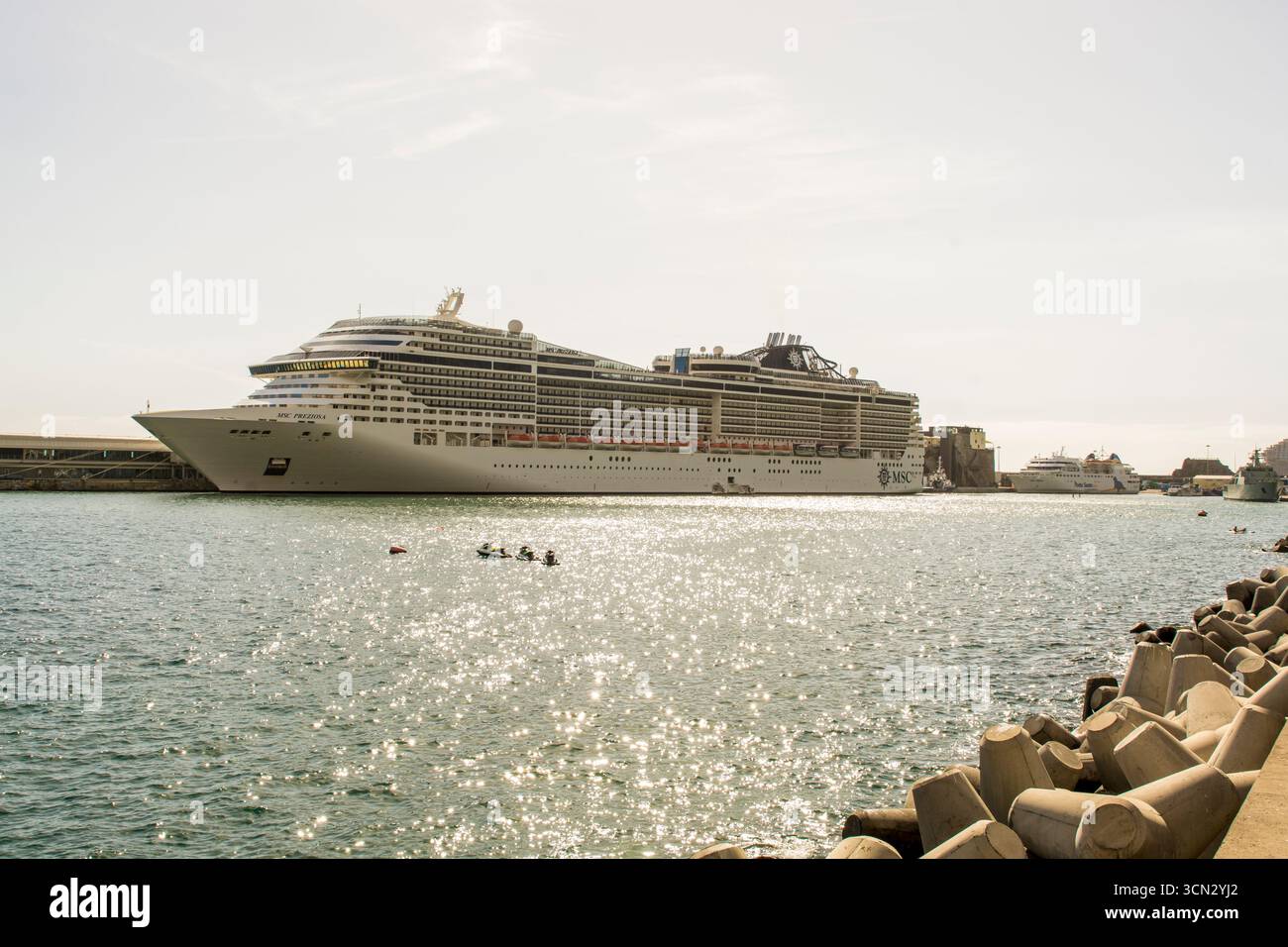 MSC Preziosa cruise ship in Port of Funchal Cruise terminal port harbor, Funchal, Madeira, Portugal. Stock Photo