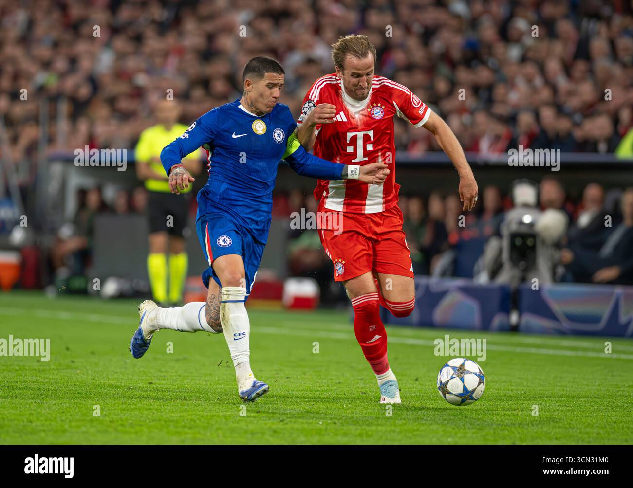 Harry Kane and Enzo Fernandez Challenging for the ball Stock Photo