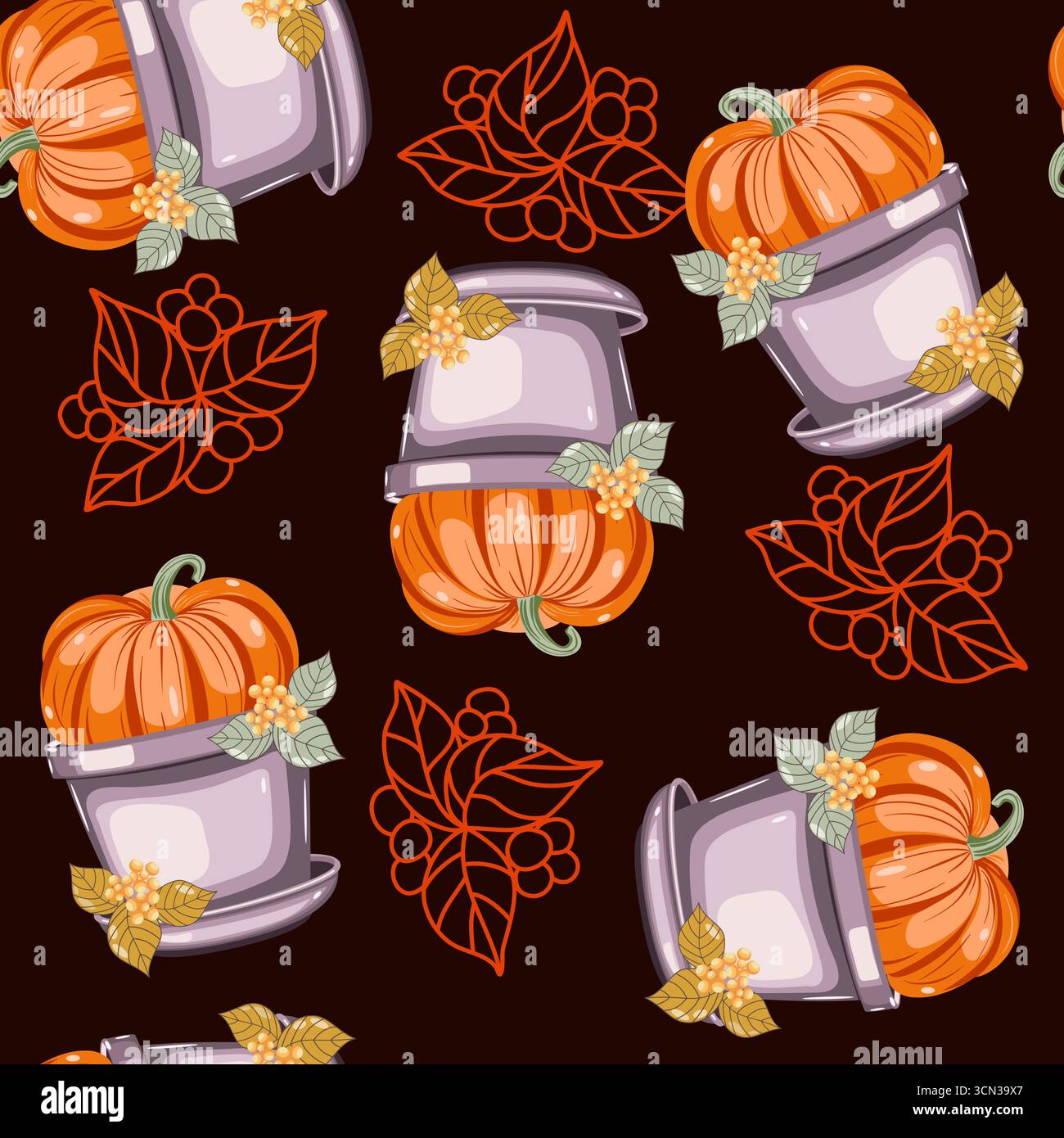 Pumpkin in a pot with leaves seamless pattern vector illustration Stock Vector