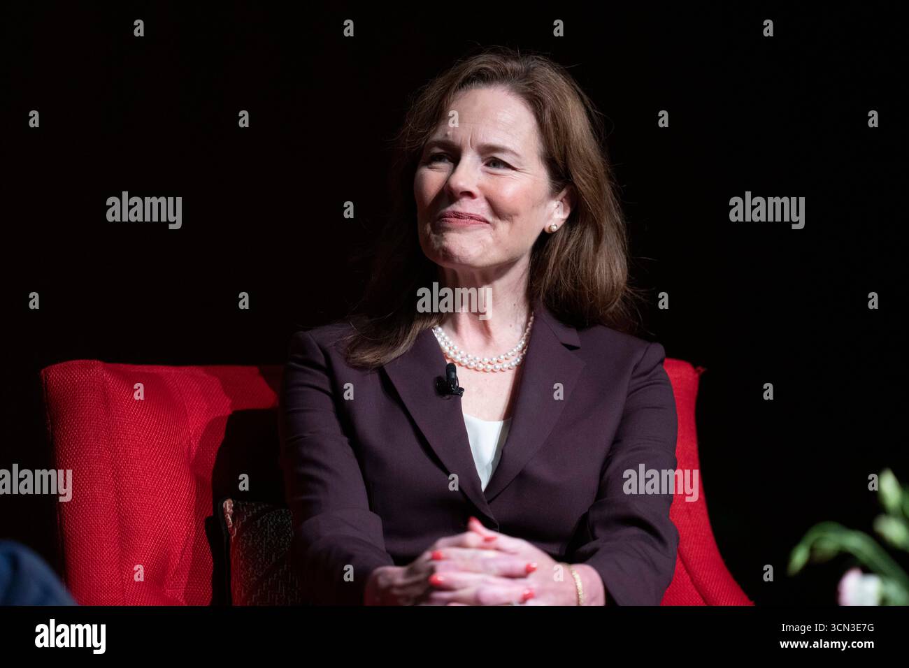 Austin, United States. 18th Sep, 2025. U.S. Supreme Court Associate Justice AMY CONEY BARRETT talks about her new book, 'Listening To The Law', during a one-hour talk with historian Mark Updegrove (not shown) at the LBJ Library in Austin, TX on September 18, 2025. Barrett discussed her life on the Supreme Court and insights into how decisions are made. Credit: Bob Daemmrich/Alamy Live News Stock Photo