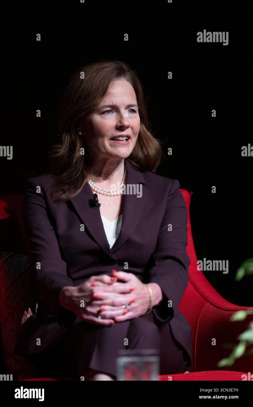 Austin, United States. 18th Sep, 2025. U.S. Supreme Court Associate Justice AMY CONEY BARRETT talks about her new book, 'Listening To The Law', during a one-hour talk with historian Mark Updegrove (not shown) at the LBJ Library in Austin, TX on September 18, 2025. Barrett discussed her life on the Supreme Court and insights into how decisions are made. Credit: Bob Daemmrich/Alamy Live News Stock Photo