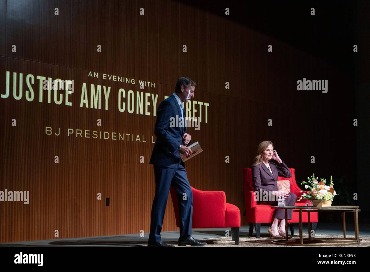 Austin, United States. 18th Sep, 2025. U.S. Supreme Court Associate Justice AMY CONEY BARRETT talks about her new book, 'Listening To The Law', during a one-hour talk with historian Mark Updegrove at the LBJ Library in Austin, TX on September 18, 2025. Barrett discussed her life on the Supreme Court and insights into how decisions are made. Credit: Bob Daemmrich/Alamy Live News Stock Photo