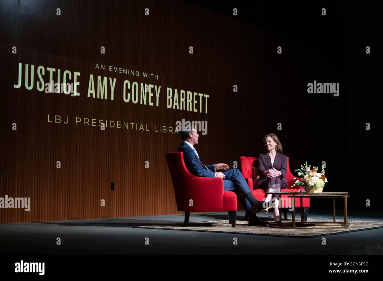 Austin, United States. 18th Sep, 2025. U.S. Supreme Court Associate Justice AMY CONEY BARRETT talks about her new book, 'Listening To The Law', during a one-hour talk with historian Mark Updegrove at the LBJ Library in Austin, TX on September 18, 2025. Barrett discussed her life on the Supreme Court and insights into how decisions are made. Credit: Bob Daemmrich/Alamy Live News Stock Photo