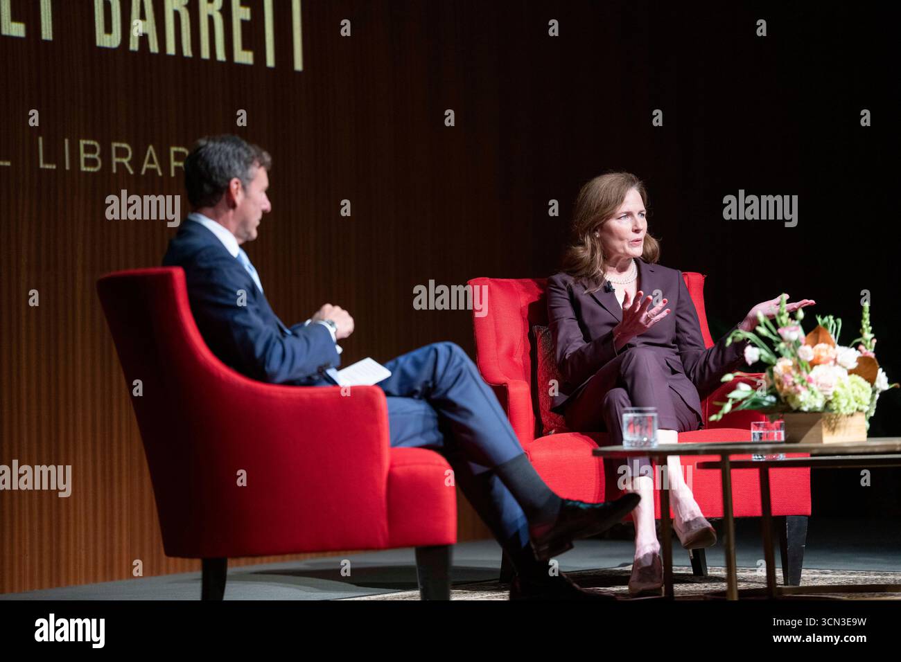 Austin, United States. 18th Sep, 2025. U.S. Supreme Court Associate Justice AMY CONEY BARRETT talks about her new book, 'Listening To The Law', during a one-hour talk with historian Mark Updegrove at the LBJ Library in Austin, TX on September 18, 2025. Barrett discussed her life on the Supreme Court and insights into how decisions are made. Credit: Bob Daemmrich/Alamy Live News Stock Photo