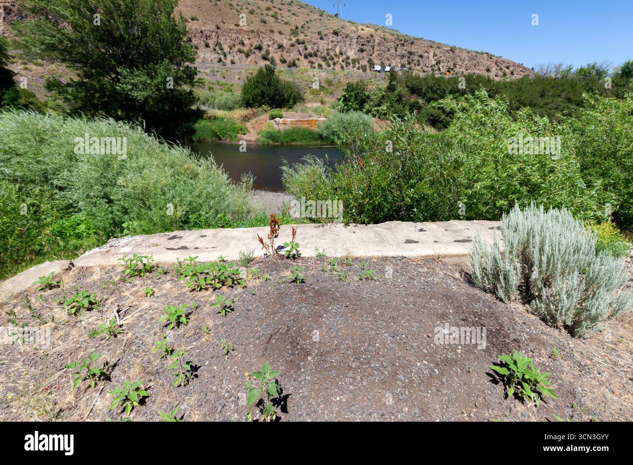 The abutments on each side of the Weiser River are all that remain of the original US 95 crossing north of Midvale, Idaho. Stock Photo