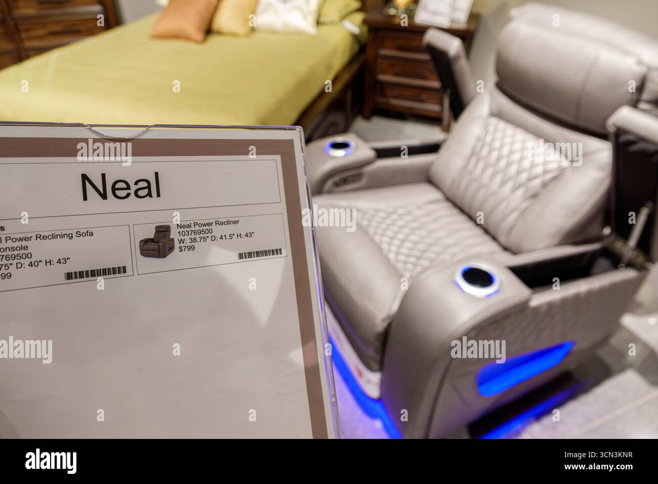 Little Havana Miami Florida,SW 8th Street Calle Ocho,El Dorado Furniture,inside interior,display sale staging,Neal Power Recliner product sign,price t Stock Photo