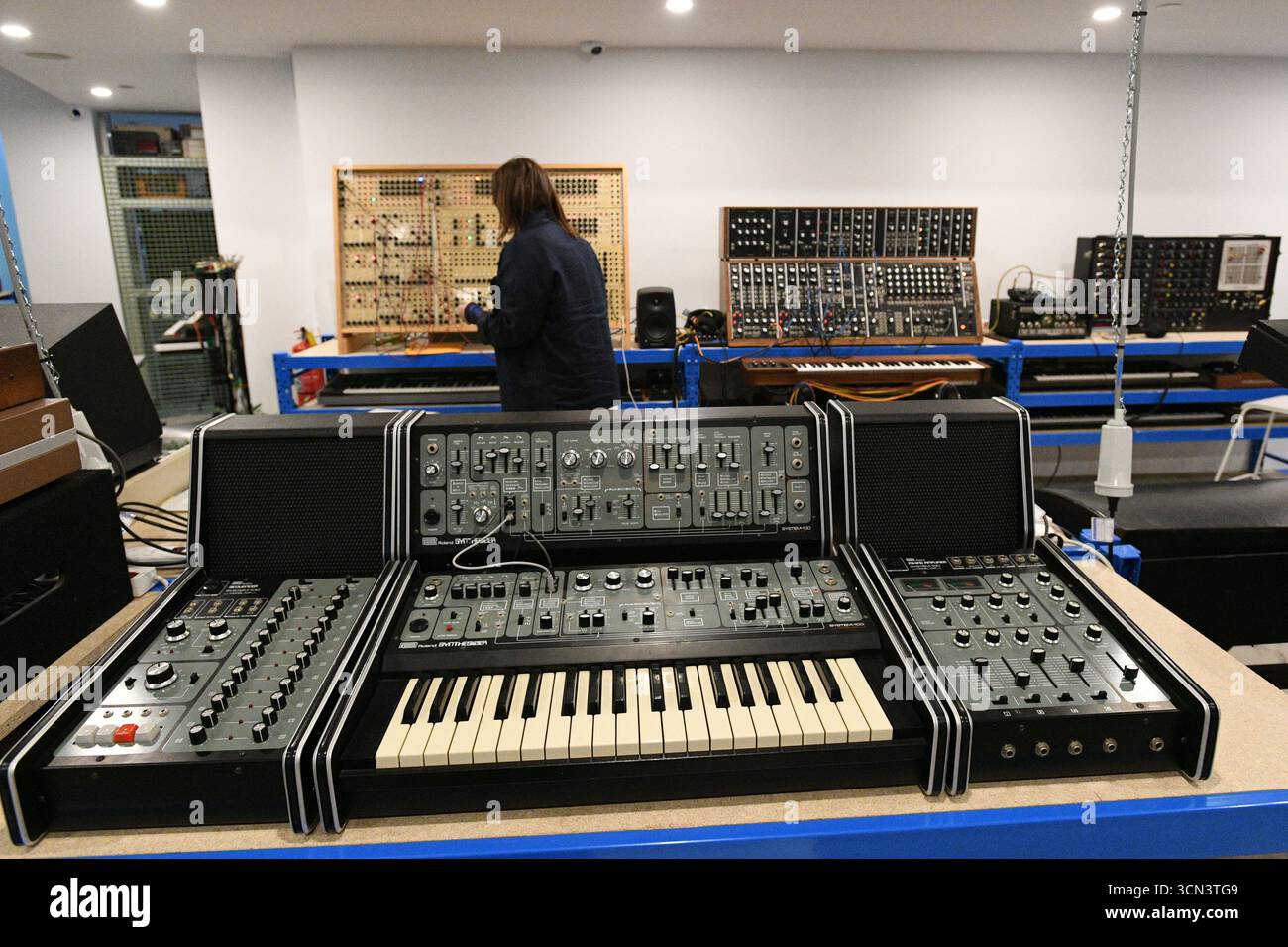 Synthesisers and audio equipment are seen during the opening of the ...