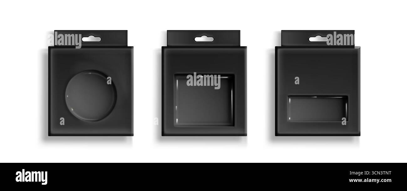 Black box packaging with plastic window cutouts and hanging tabs for ...