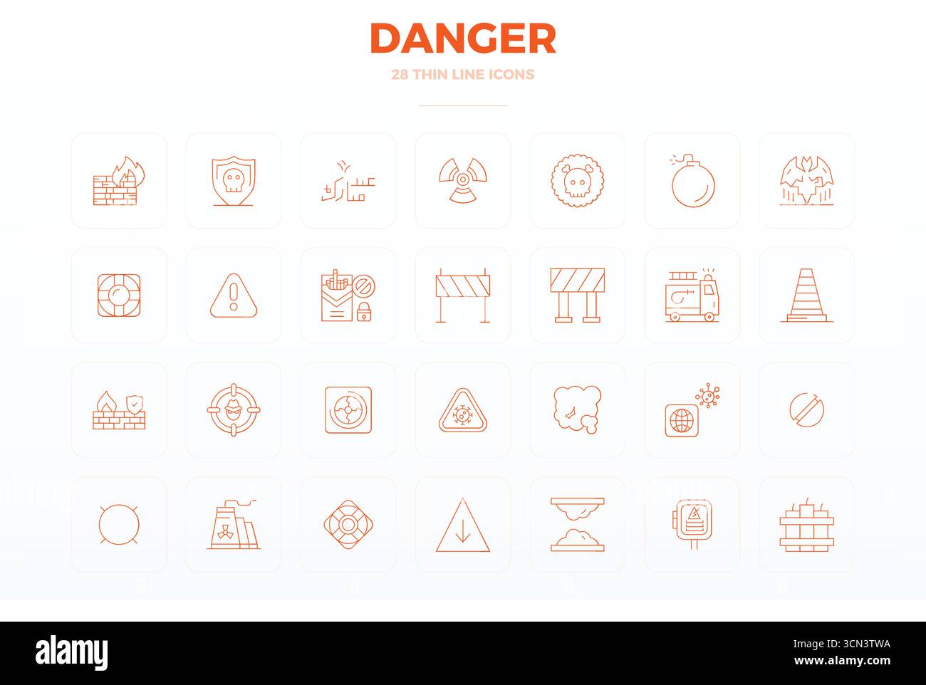 Carefully curated 28 Thin Line vector icons for Danger, featuring 128x128 PIXEL perfect resolution for consistent brand representation and user experi Stock Vector