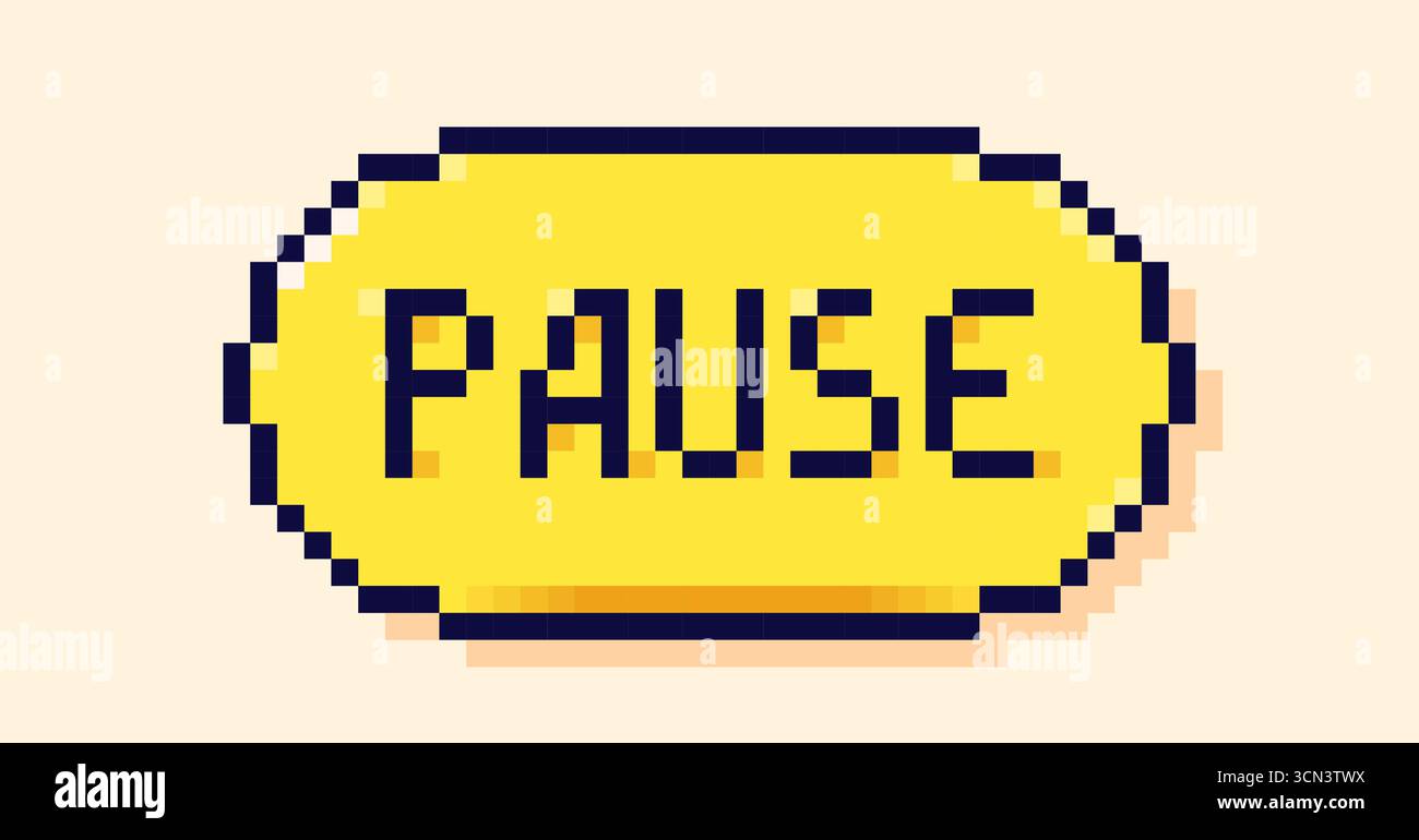 Pixel user interface button. Yellow speech bubble with word Pause. Stock Vector