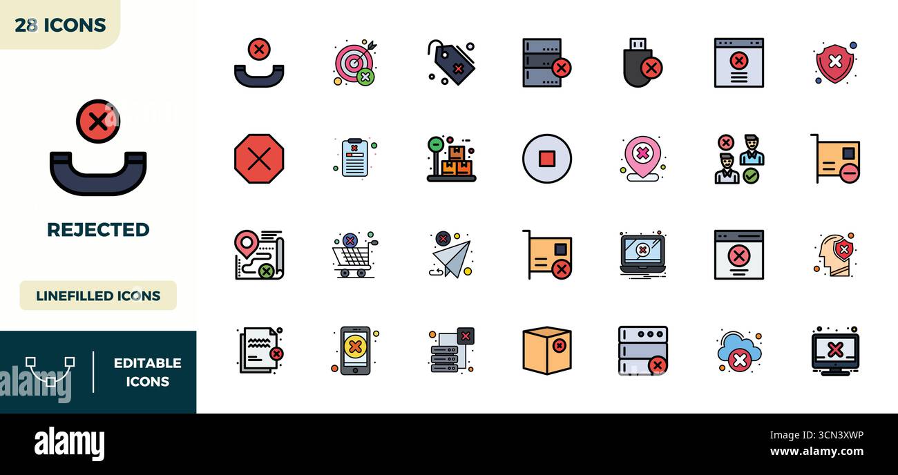 Strategic bundle featuring 28 vector icons representing Rejected in Lineal Color Filled format, optimized with 128x128 PIXEL perfect quality for profe Stock Vector