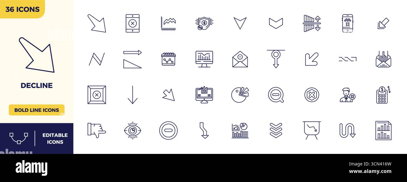 Refined bundle featuring 36 Bold Line vector icons for Decline ...