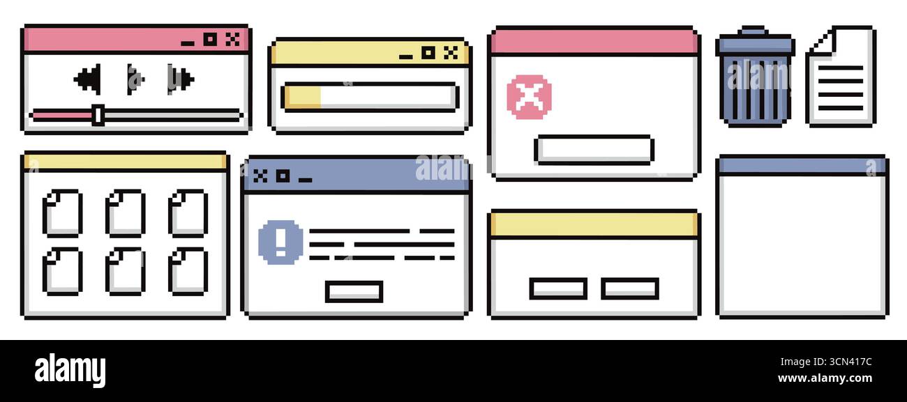 Retro interface windows with pixel frame ui components for software ...