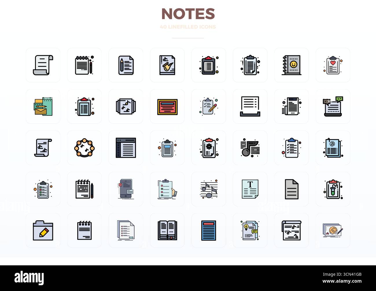 Contemporary collection of 40 vector icons representing Notes in Flat ...